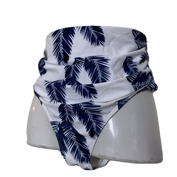 Womens XL Swimwear Bikini Bottoms High Rise Briefs Shirred Blue White Print NWOT - Picture 2 of 11